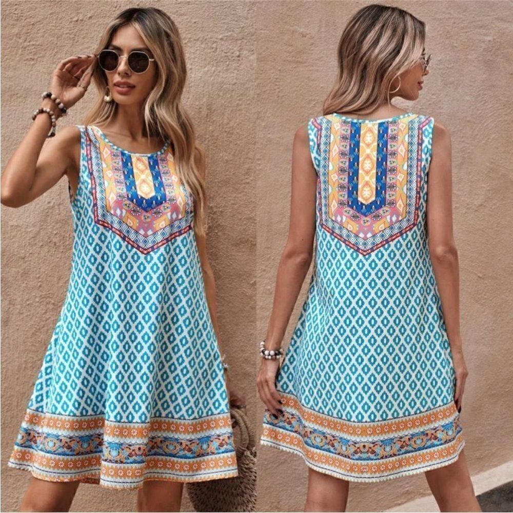 Elescat Boho Sleeveless Tshirt Dress with Pockets Blue Multi Size M